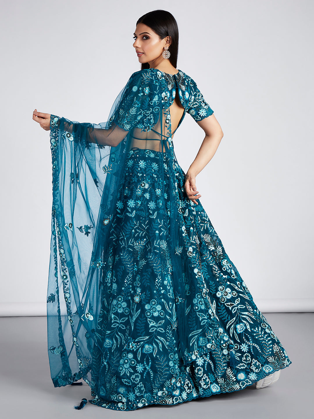 Teal Net Sequins, Mirror and thread embroidery Semi-Stitched Lehenga choli & Dupatta