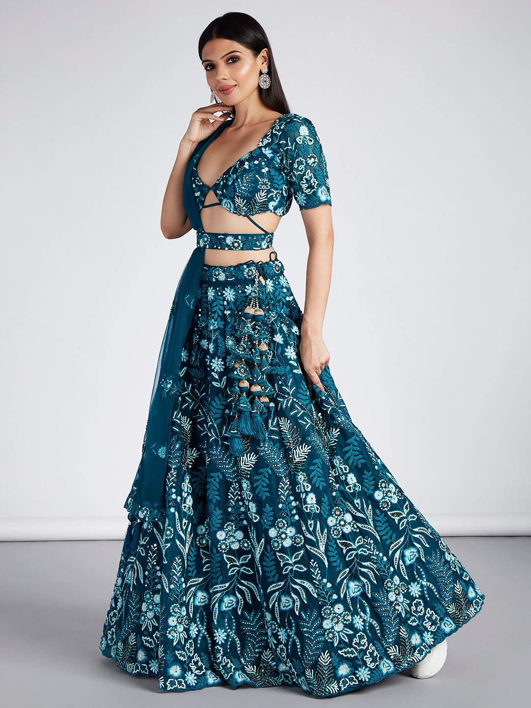 Teal Net Sequins, Mirror and thread embroidery Semi-Stitched Lehenga choli & Dupatta
