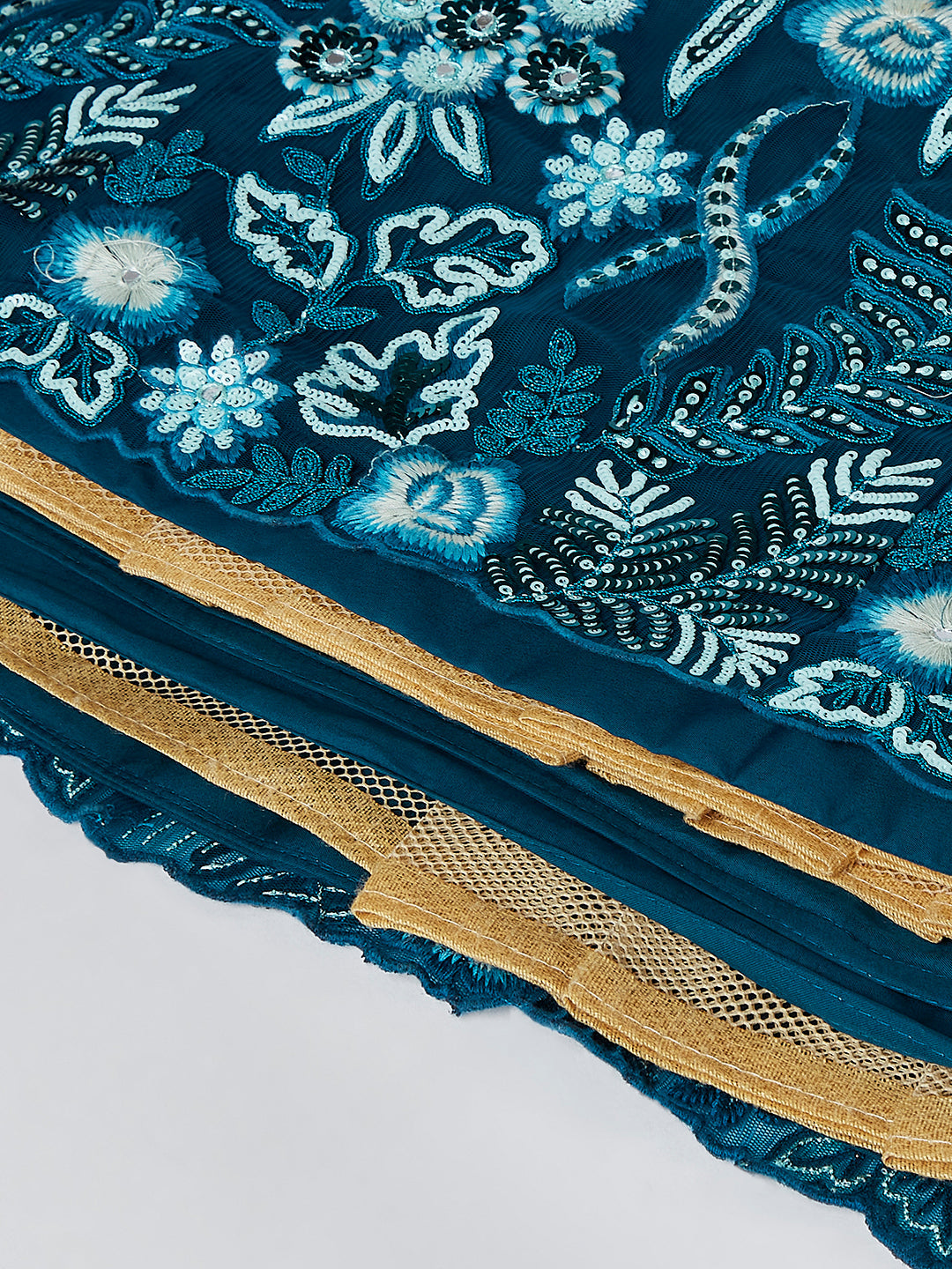 Teal Net Sequins, Mirror and thread embroidery Semi-Stitched Lehenga choli & Dupatta