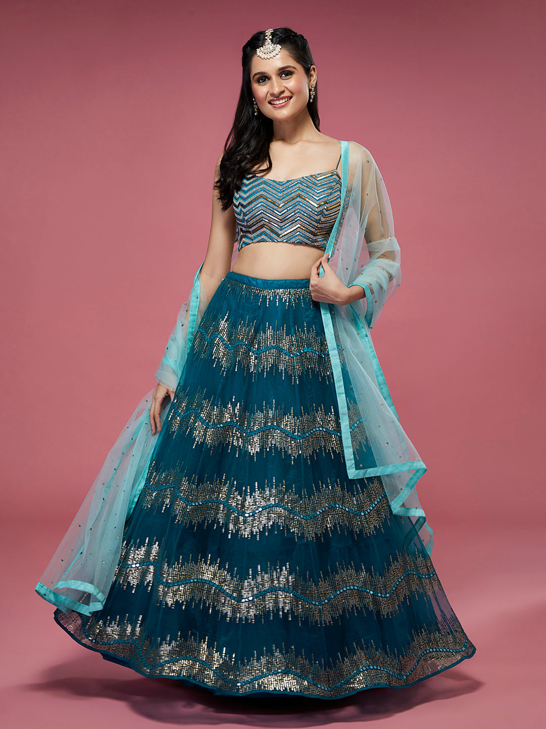 Teal Net Sequinse Embroidered Semi-Stitched Lehenga & Blouse with Dupatta