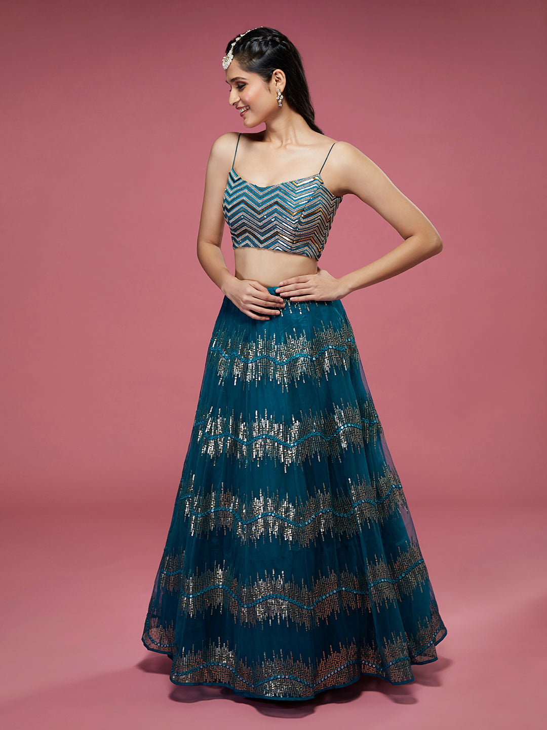Teal Net Sequinse Embroidered Semi-Stitched Lehenga & Blouse with Dupatta