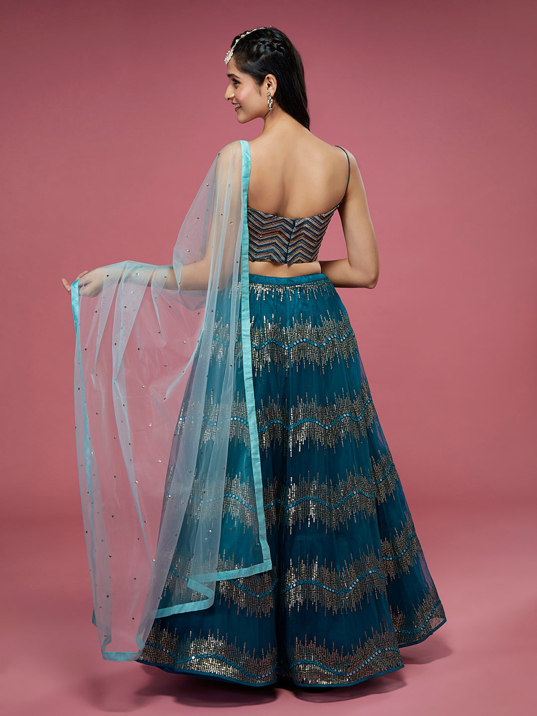Teal Net Sequinse Embroidered Semi-Stitched Lehenga & Blouse with Dupatta