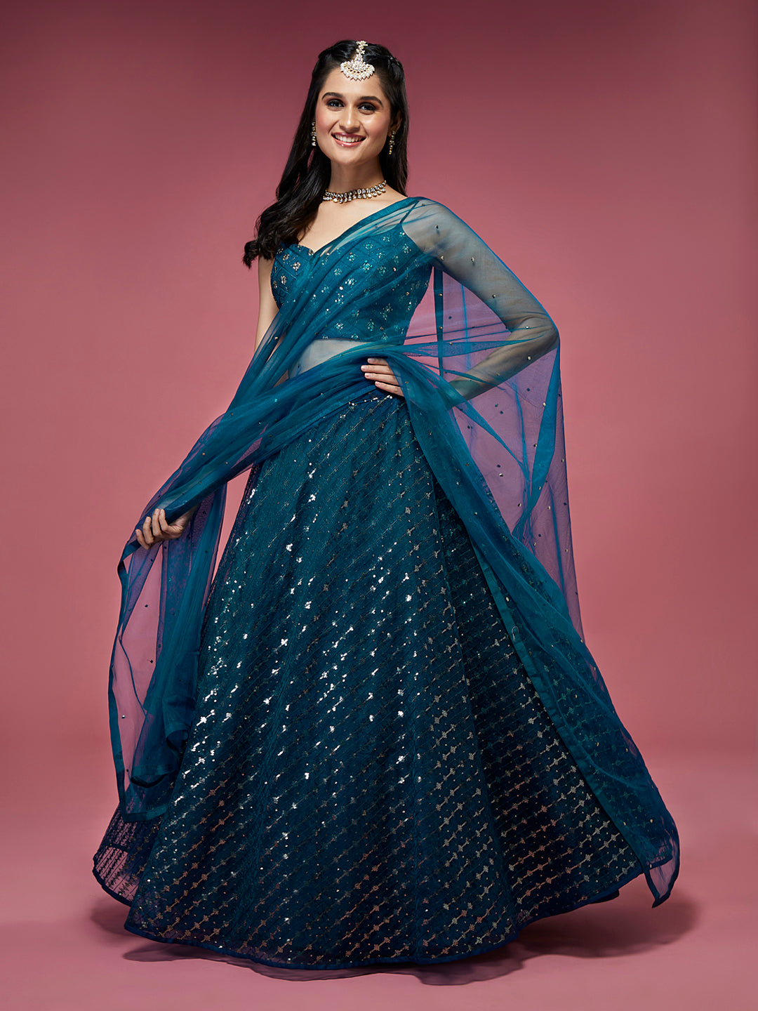 Teal Net Sequinse Embroidered Semi-Stitched Lehenga & Blouse with Dupatta