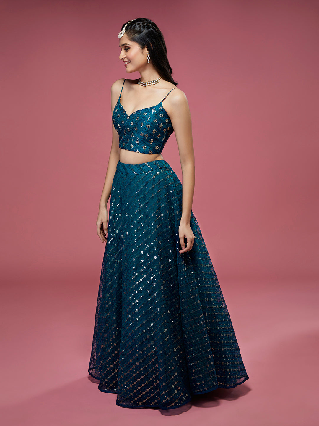 Teal Net Sequinse Embroidered Semi-Stitched Lehenga & Blouse with Dupatta