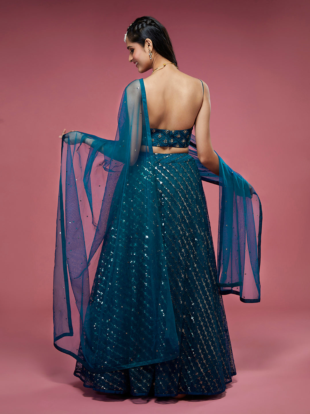Teal Net Sequinse Embroidered Semi-Stitched Lehenga & Blouse with Dupatta