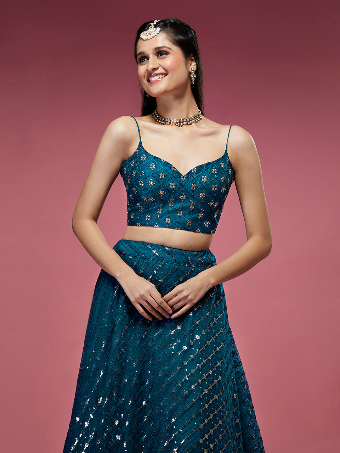 Teal Net Sequinse Embroidered Semi-Stitched Lehenga & Blouse with Dupatta