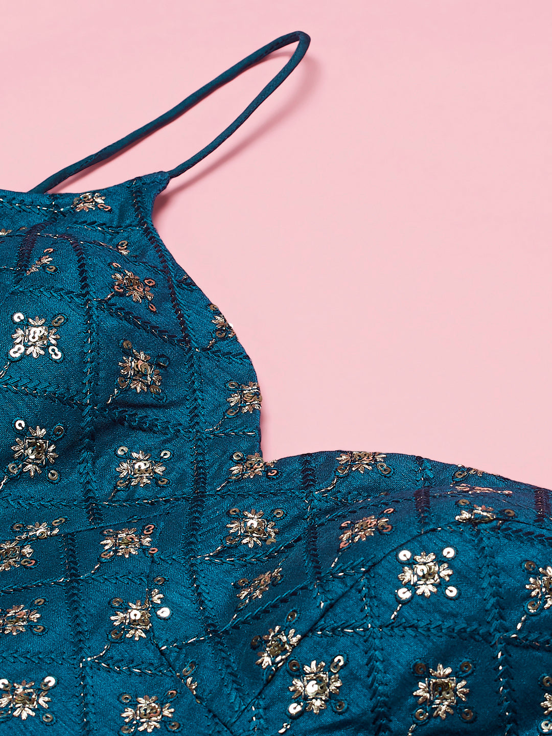 Teal Net Sequinse Embroidered Semi-Stitched Lehenga & Blouse with Dupatta