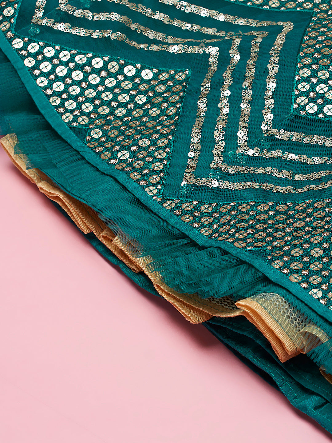 Teal Net Sequinse Work Semi-Stitched Lehenga & Unstitched Blouse, Dupatta