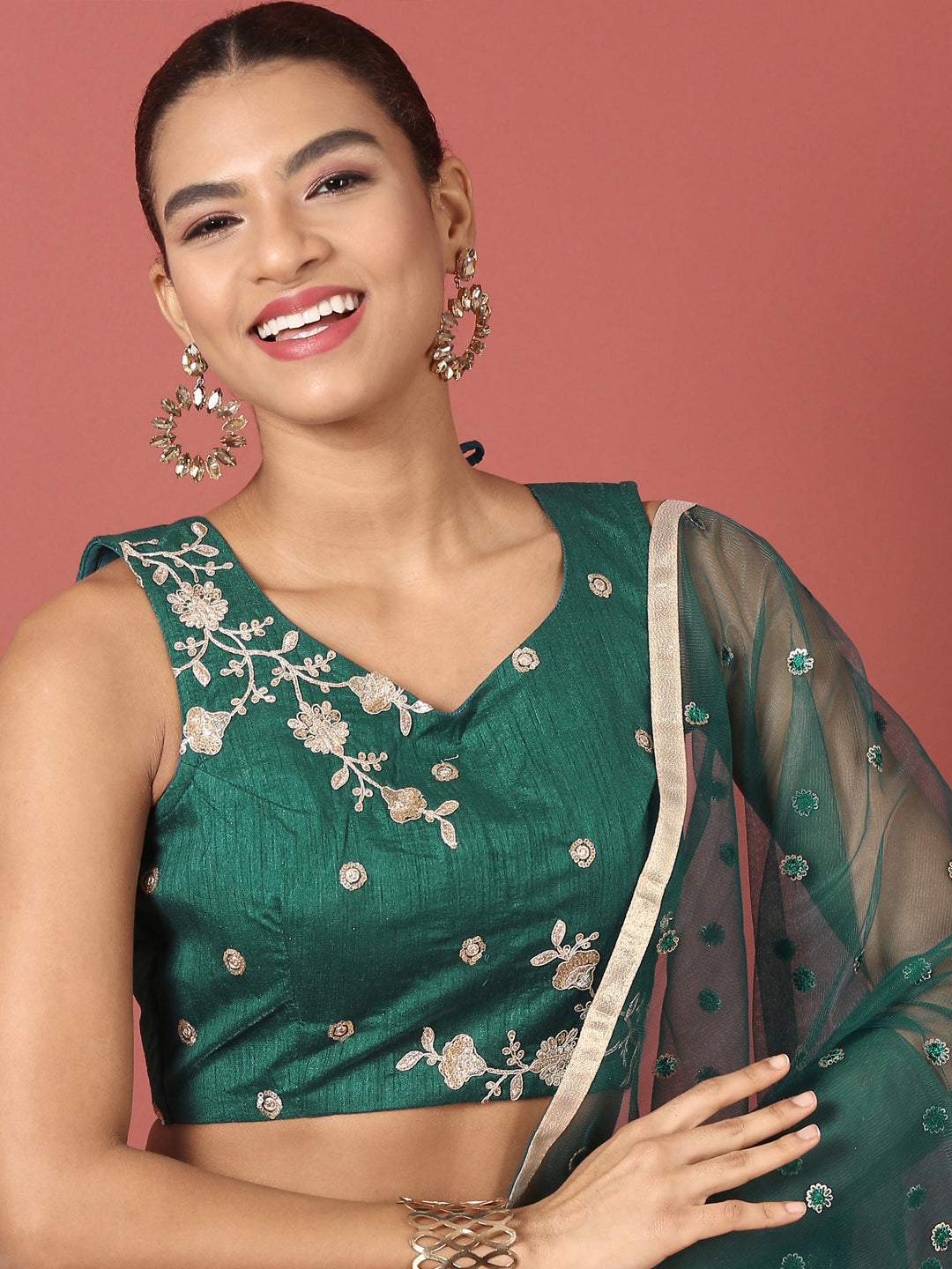 Teal Net Sequinse Work Semi-Stitched Lehenga & Unstitched Blouse, Dupatta