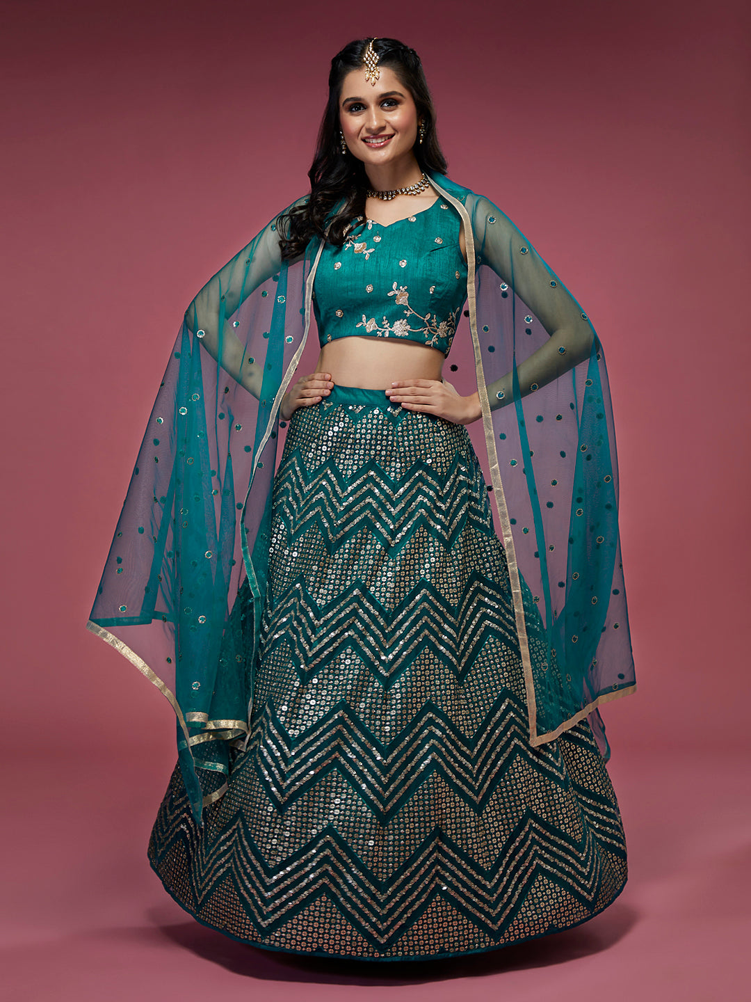 Teal Net Sequinse Work Semi-Stitched Lehenga & Unstitched Blouse, Dupatta