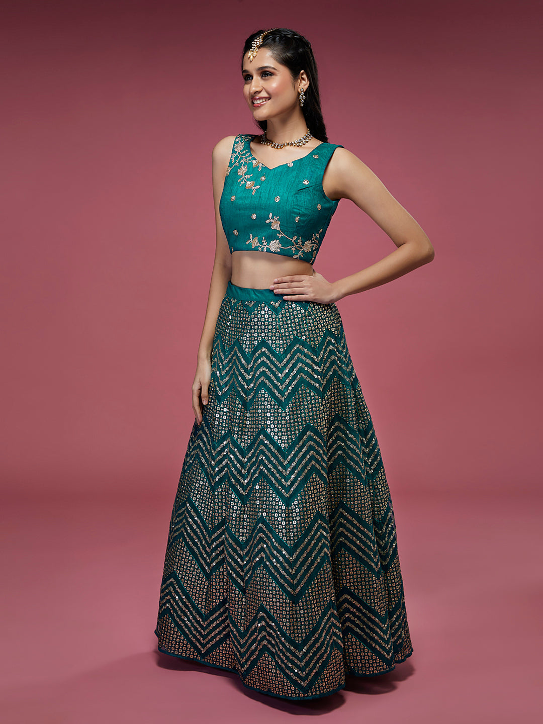 Teal Net Sequinse Work Semi-Stitched Lehenga & Unstitched Blouse, Dupatta
