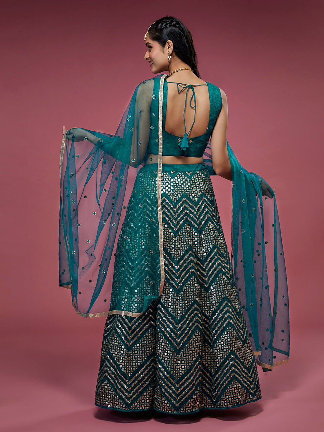 Teal Net Sequinse Work Semi-Stitched Lehenga & Unstitched Blouse, Dupatta