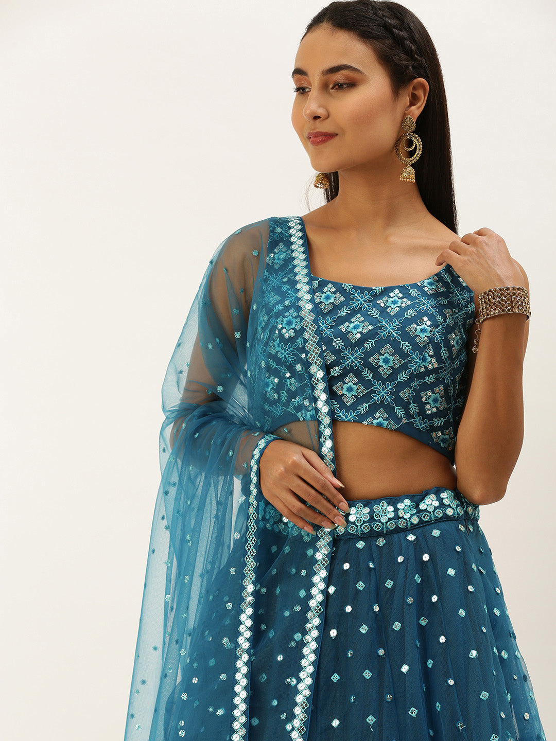 Teal Net Sequinse Work Semi-Stitched Lehenga & Unstitched Blouse, Dupatta