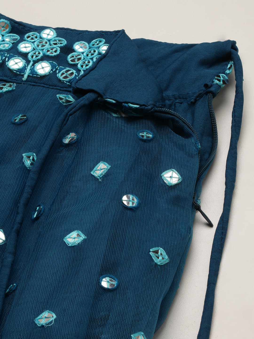 Teal Net Sequinse Work Semi-Stitched Lehenga & Unstitched Blouse, Dupatta