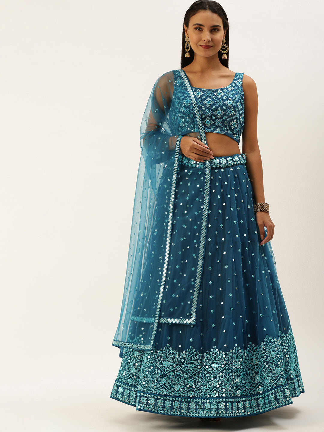 Teal Net Sequinse Work Semi-Stitched Lehenga & Unstitched Blouse, Dupatta