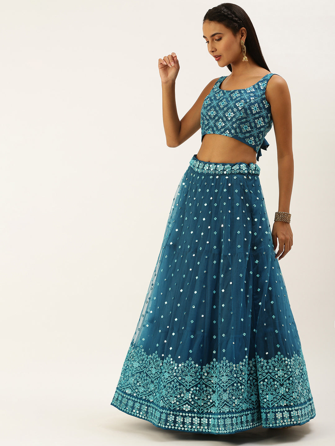 Teal Net Sequinse Work Semi-Stitched Lehenga & Unstitched Blouse, Dupatta
