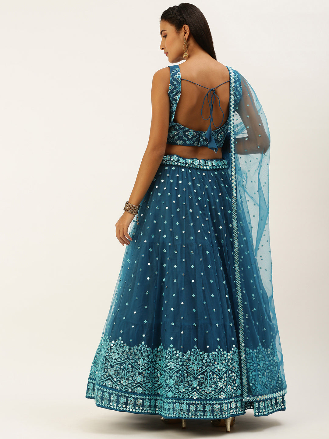 Teal Net Sequinse Work Semi-Stitched Lehenga & Unstitched Blouse, Dupatta