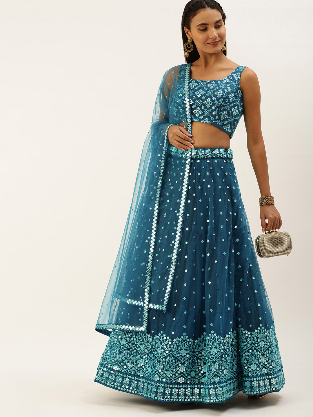 Teal Net Sequinse Work Semi-Stitched Lehenga & Unstitched Blouse, Dupatta