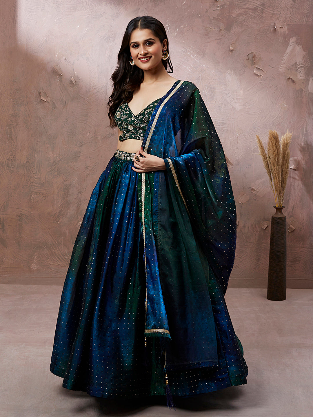 Teal Organza Digital Shibori Printed Semi-Stitched Lehenga choli & Dupatta