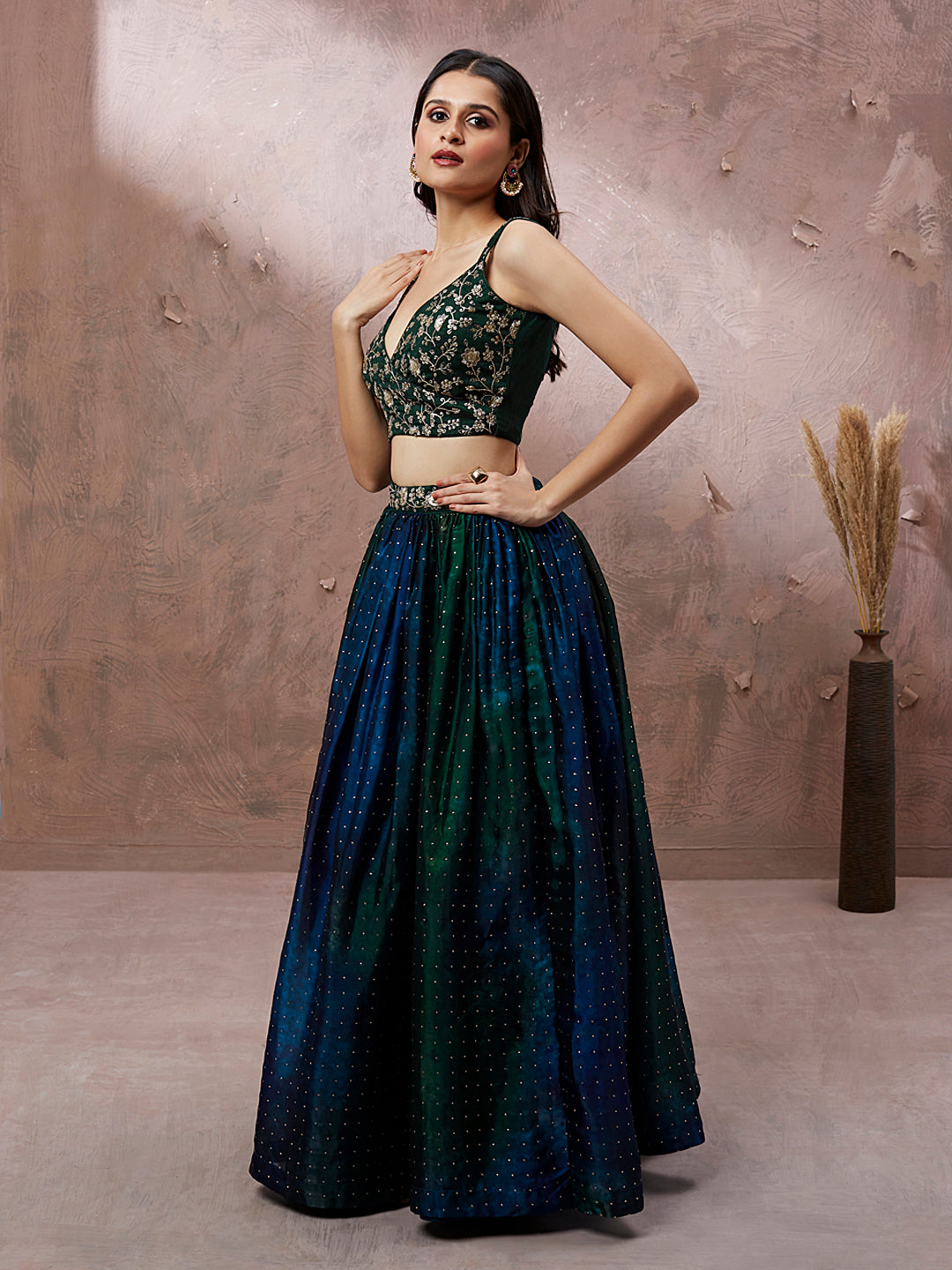 Teal Organza Digital Shibori Printed Semi-Stitched Lehenga choli & Dupatta