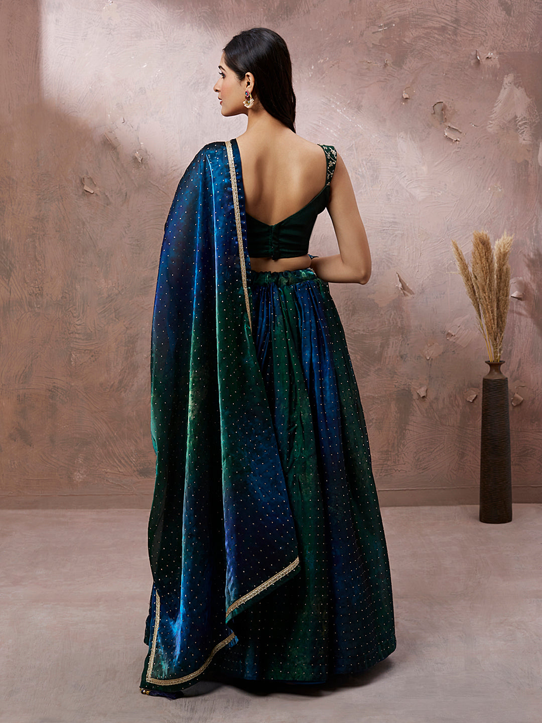 Teal Organza Digital Shibori Printed Semi-Stitched Lehenga choli & Dupatta