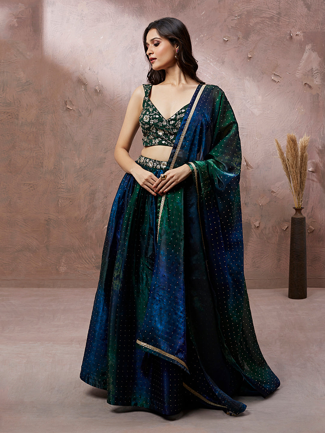 Teal Organza Digital Shibori Printed Semi-Stitched Lehenga choli & Dupatta