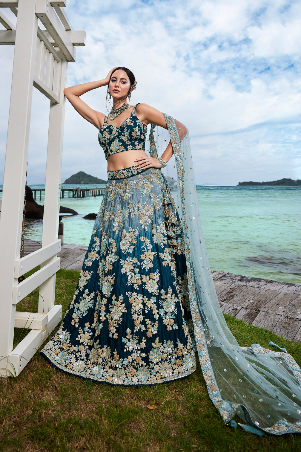 Teal Padded colour Georgette Sequins & Zarkan embroidery Semi-Stitched Lehenga choli & Dupatta