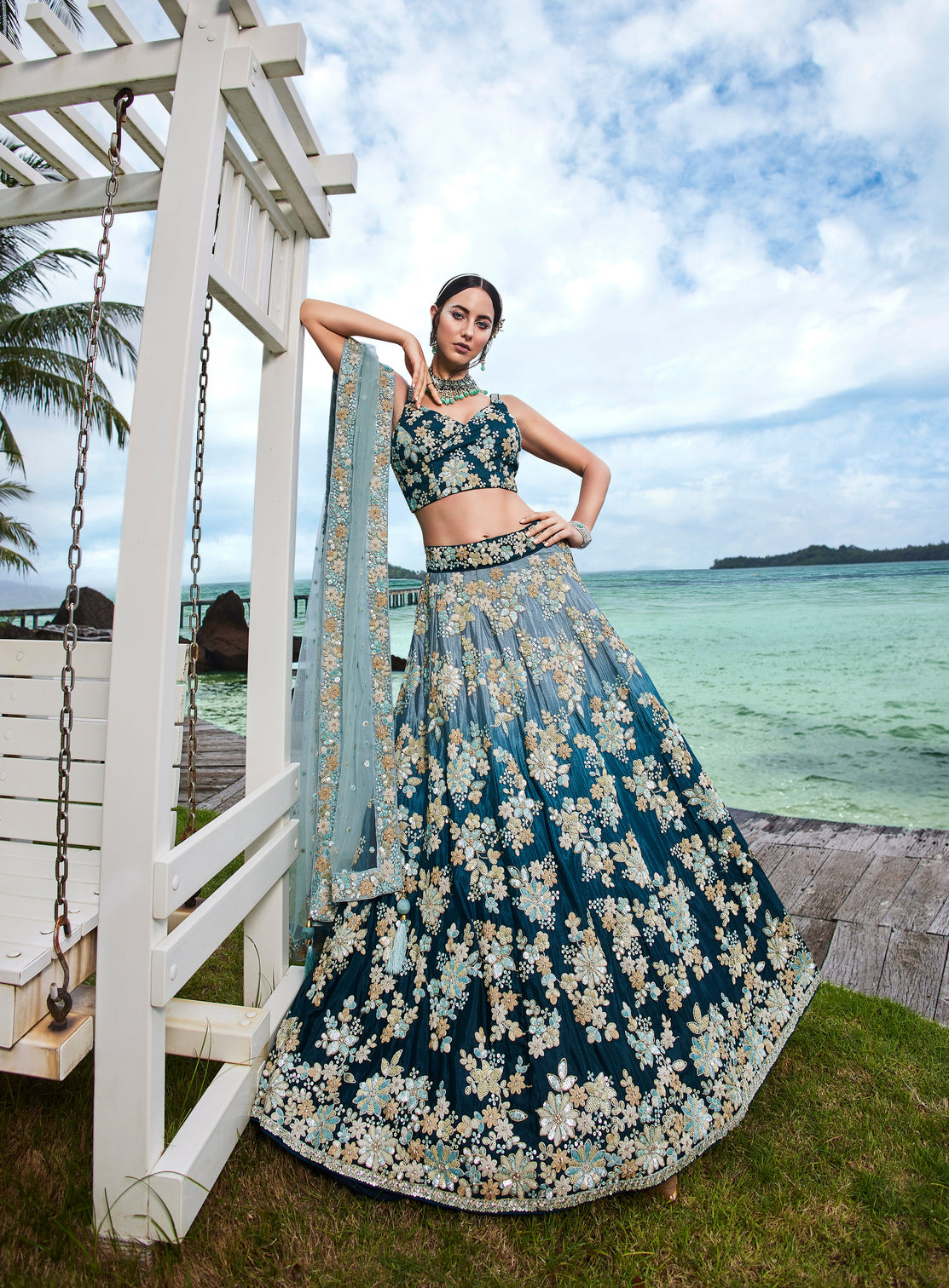 Teal Padded colour Georgette Sequins & Zarkan embroidery Semi-Stitched Lehenga choli & Dupatta