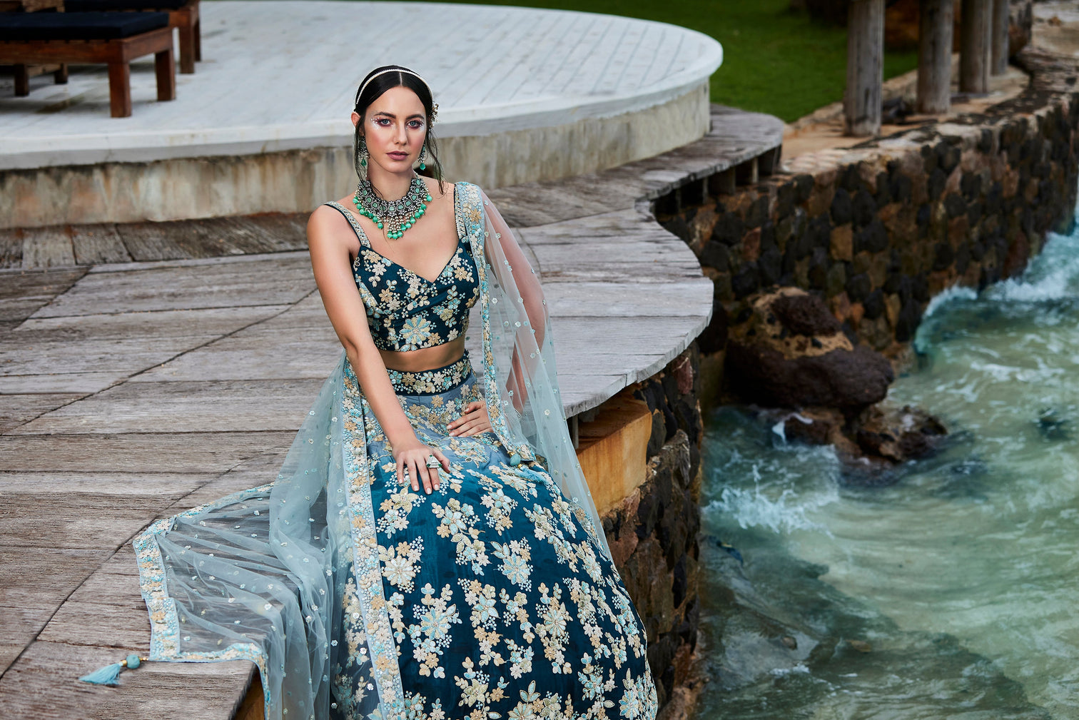 Teal Padded colour Georgette Sequins & Zarkan embroidery Semi-Stitched Lehenga choli & Dupatta