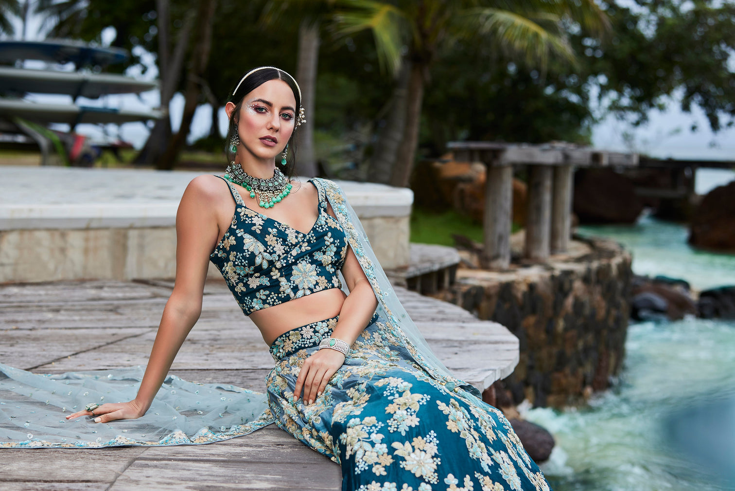 Teal Padded colour Georgette Sequins & Zarkan embroidery Semi-Stitched Lehenga choli & Dupatta