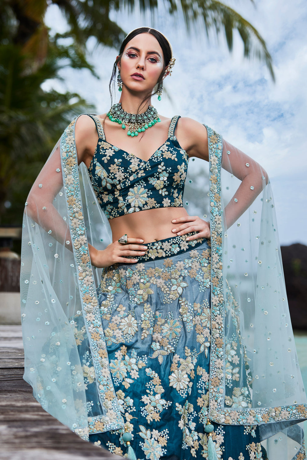 Teal Padded colour Georgette Sequins & Zarkan embroidery Semi-Stitched Lehenga choli & Dupatta