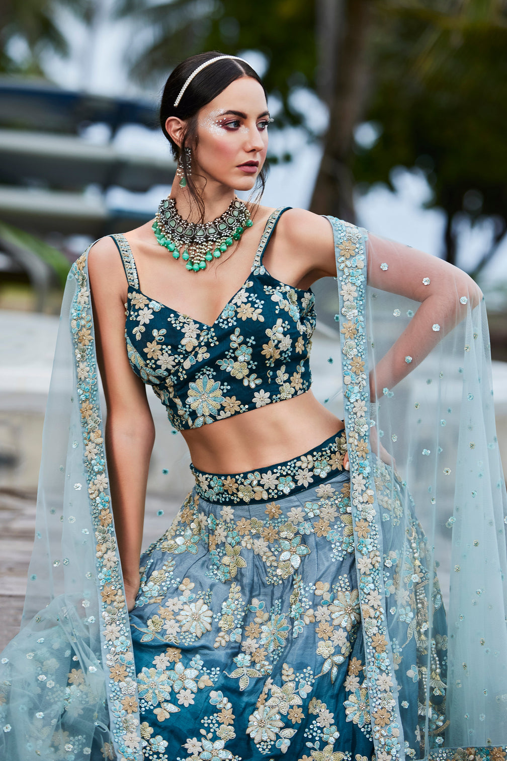 Teal Padded colour Georgette Sequins & Zarkan embroidery Semi-Stitched Lehenga choli & Dupatta