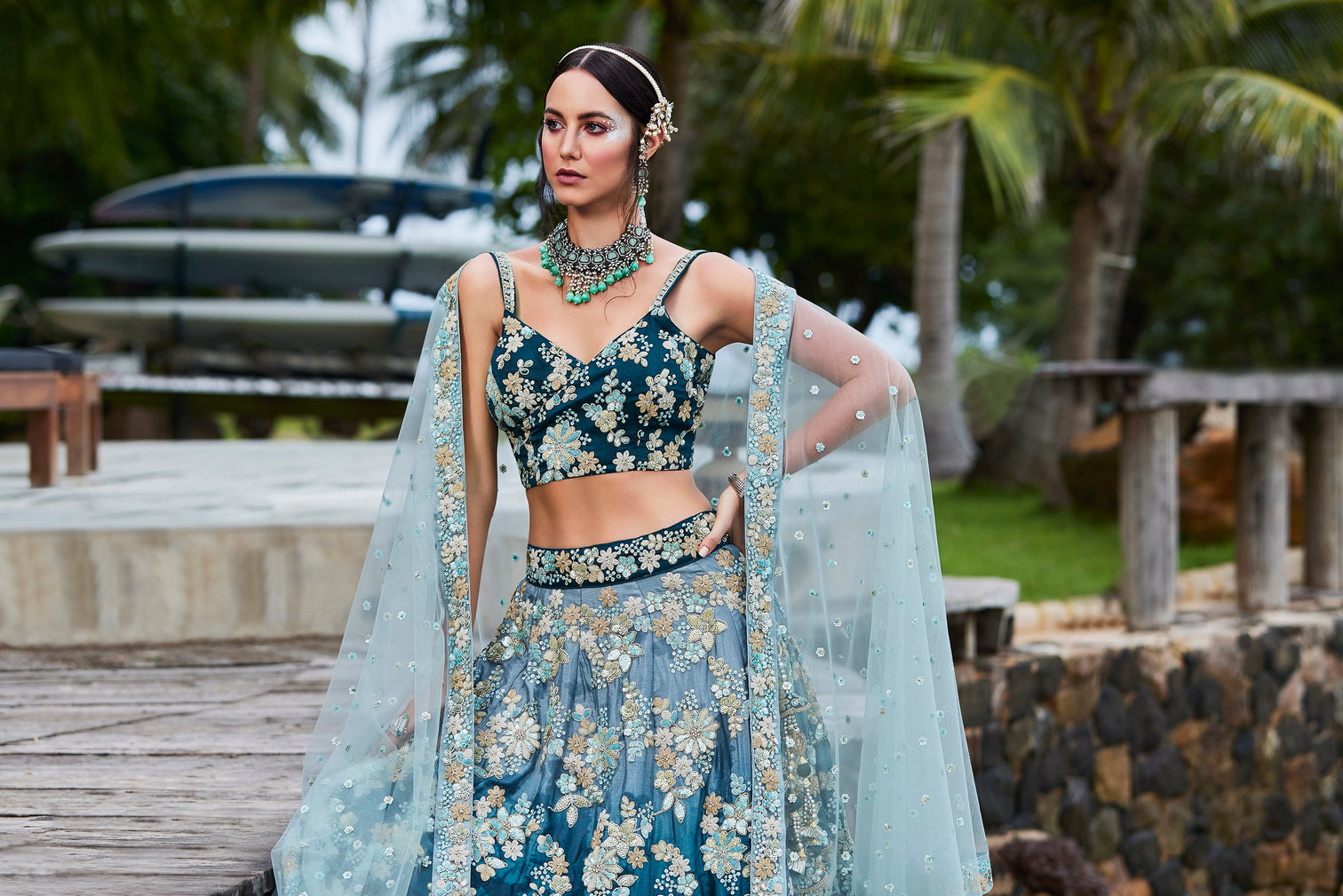 Teal Padded colour Georgette Sequins & Zarkan embroidery Semi-Stitched Lehenga choli & Dupatta