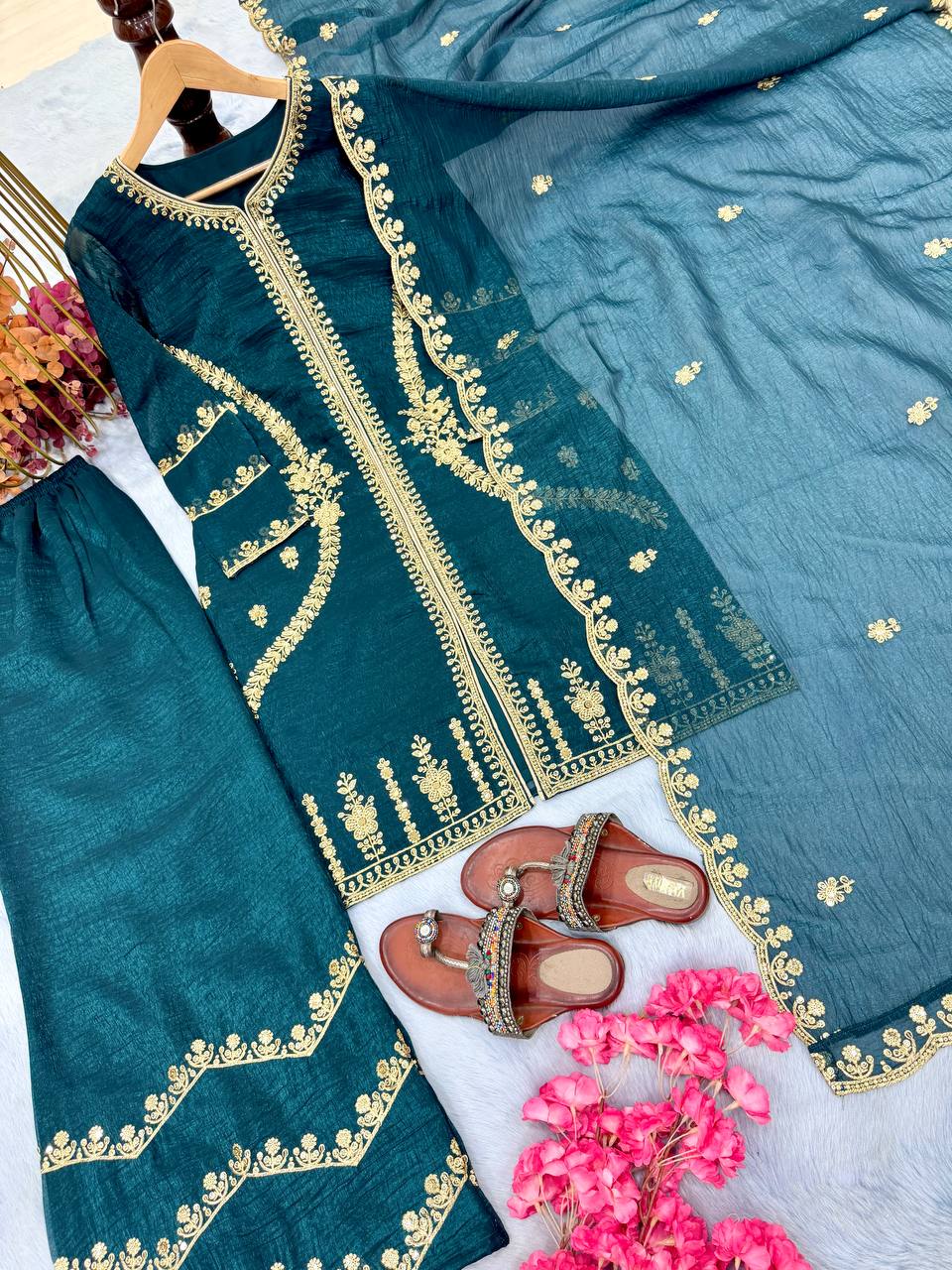 Teal Premium Designer Readymade Top, Plazzo & Dupatta Collection – Party Wear Edition