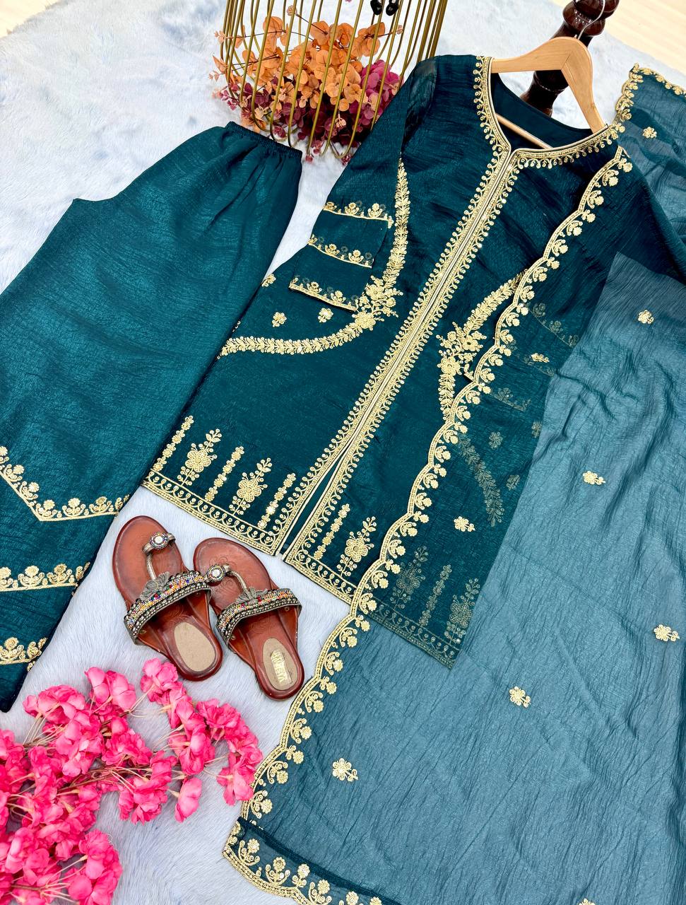 Teal Premium Designer Readymade Top, Plazzo & Dupatta Collection – Party Wear Edition