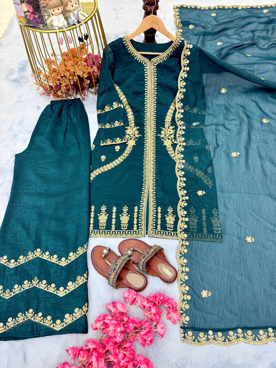 Teal Premium Designer Readymade Top, Plazzo & Dupatta Collection – Party Wear Edition