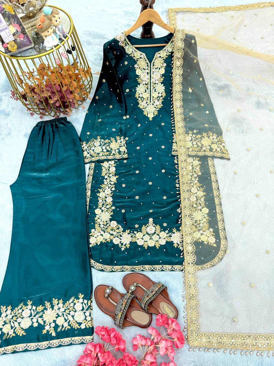 Teal Premium Embroidered Palazzo Set with Dupatta
