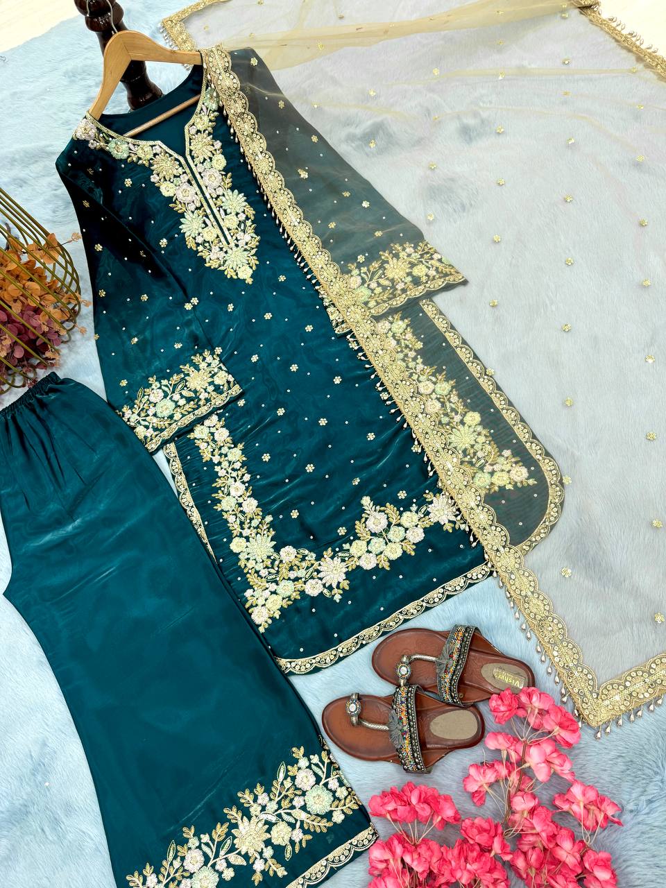 Teal Premium Embroidered Palazzo Set with Dupatta
