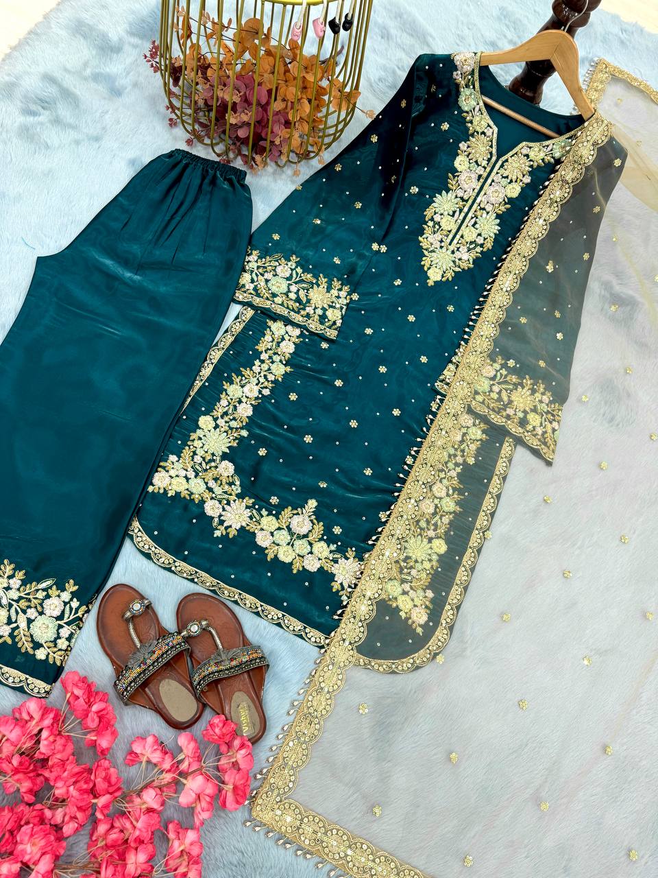 Teal Premium Embroidered Palazzo Set with Dupatta