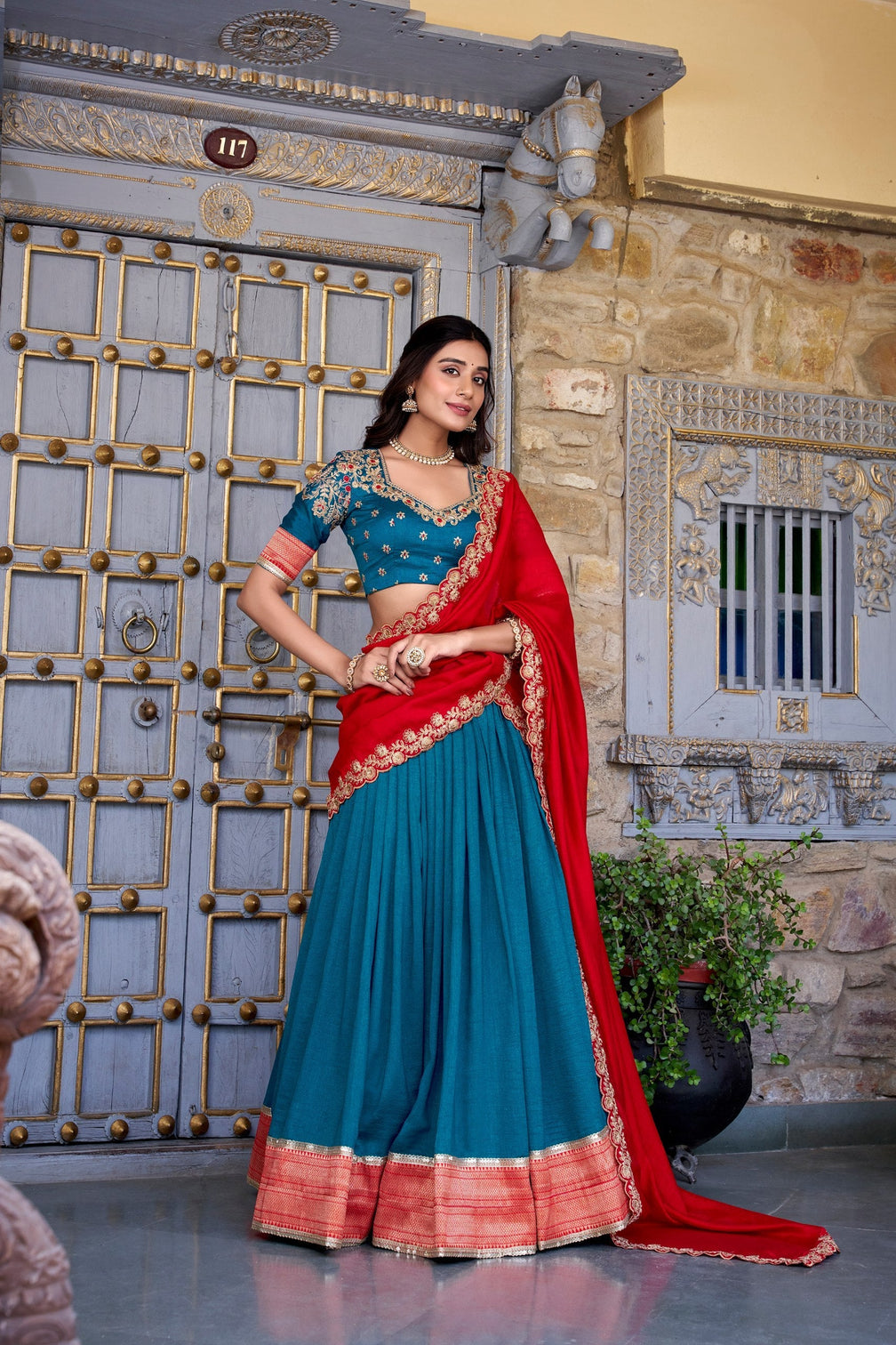 Teal Premium Vichitra Silk Lehenga Set with Zari & Sequin Detailing – 3-Piece Ensemble