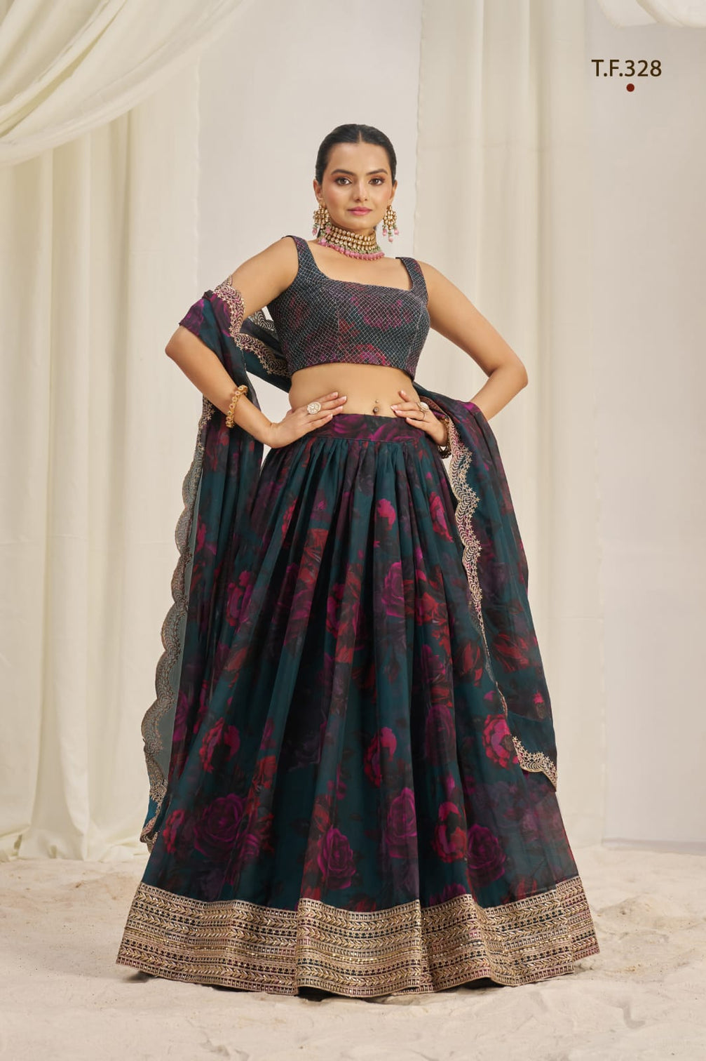 Teal Printed Organza Semi-Stitch Lehenga Choli with Zari, Dori, and Sequins Work