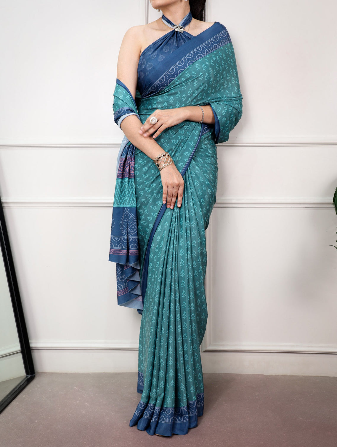 Teal Printed Satin Silk Saree