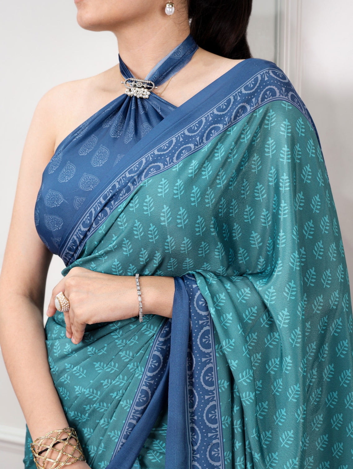 Teal Printed Satin Silk Saree