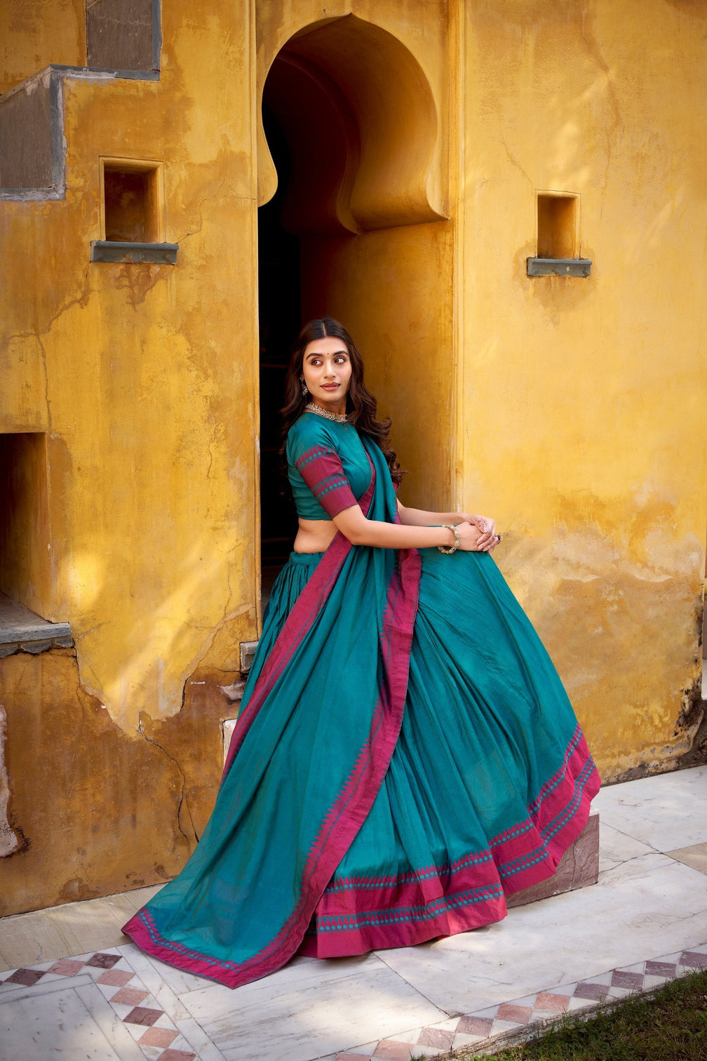 Teal Pure Chanderi Thread Work Lehenga Choli Set with Matching Dupatta – 4 Meter Flair, Stitched Lehenga & Unstitched Blouse