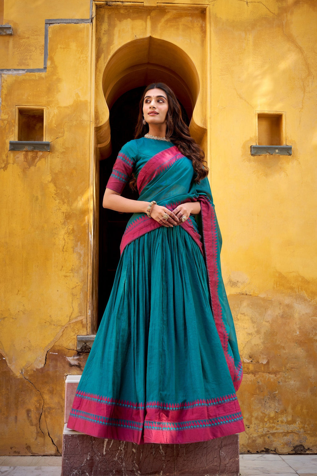 Teal Pure Chanderi Thread Work Lehenga Choli Set with Matching Dupatta – 4 Meter Flair, Stitched Lehenga & Unstitched Blouse