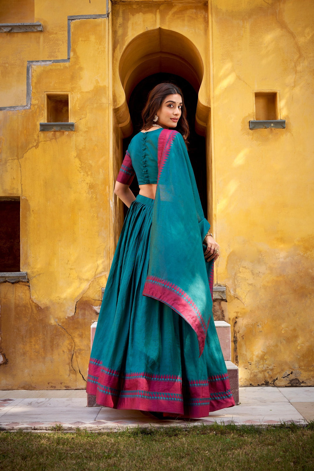 Teal Pure Chanderi Thread Work Lehenga Choli Set with Matching Dupatta – 4 Meter Flair, Stitched Lehenga & Unstitched Blouse