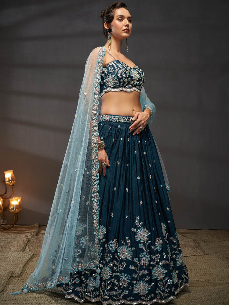 Teal Pure Chiffon Sequins embroidery Semi-Stitched Lehenga choli & Dupatta