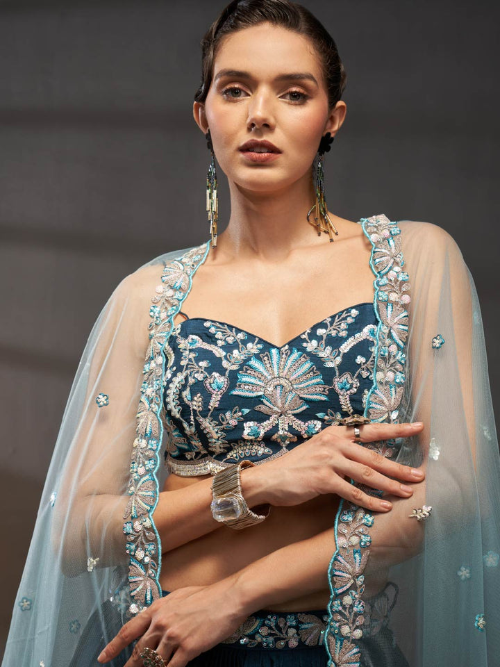 Teal Pure Chiffon Sequins embroidery Semi-Stitched Lehenga choli & Dupatta