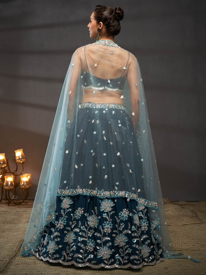 Teal Pure Chiffon Sequins embroidery Semi-Stitched Lehenga choli & Dupatta