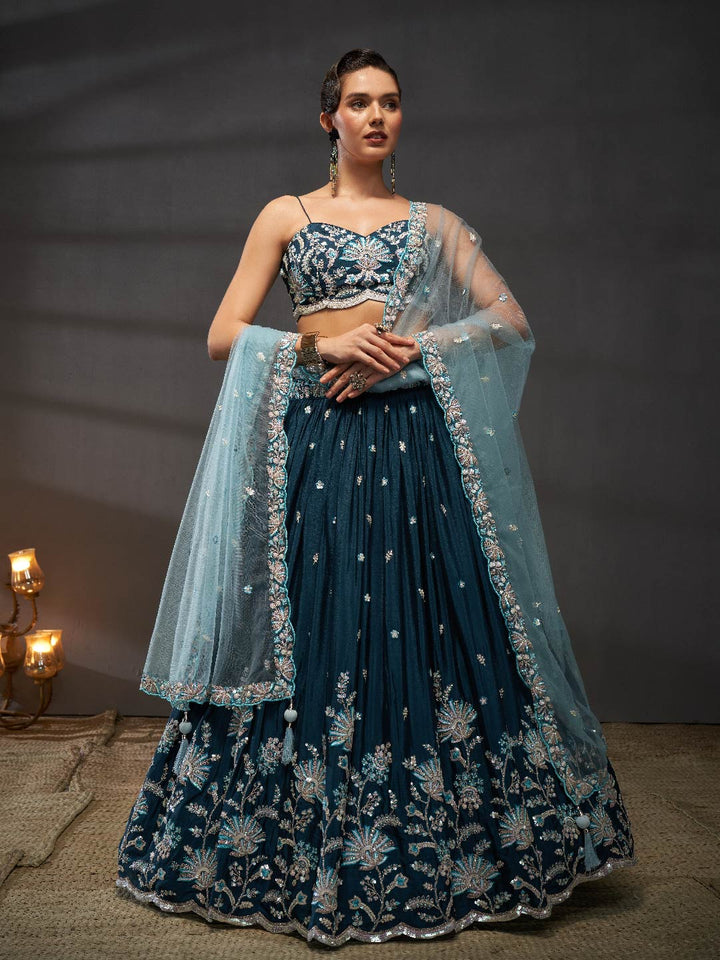 Teal Pure Chiffon Sequins embroidery Semi-Stitched Lehenga choli & Dupatta